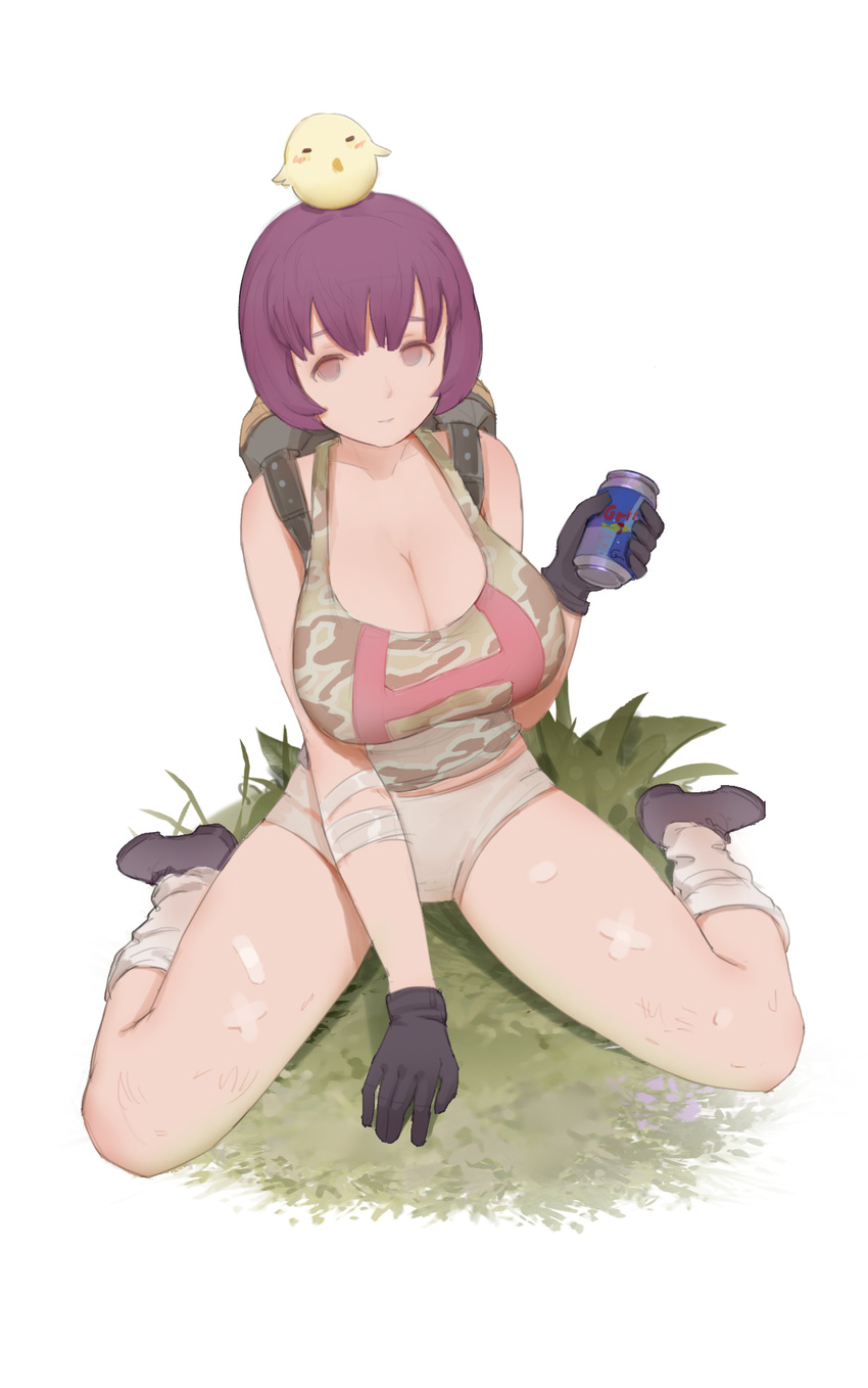 animal animal_on_head backpack bag bandages bandaid bird bird_on_head black_footwear black_gloves bob_cut breasts camouflage camouflage_tank_top can character_request cleavage commentary copyright_request gaoerji gloves grass grey_eyes h highres holding holding_can large_breasts looking_at_viewer on_head plant purple_hair red_bull short_hair simple_background sitting socks solo tank_top wariza white_legwear