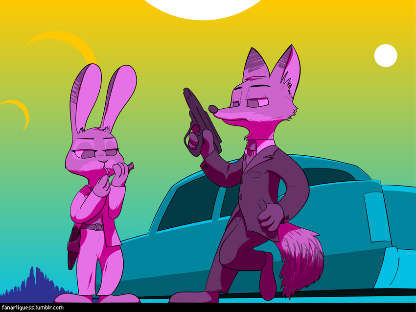 2016 anthro belt canine car cigarette clothed clothing dipstick_ears dipstick_tail disney duo fanartiguess female fox gun half-closed_eyes handgun holding_object holding_weapon holster judy_hopps lagomorph leaning leaning_back male mammal match multicolored_tail necktie nick_wilde pistol rabbit ranged_weapon smoking standing suit sun url vehicle weapon zootopia