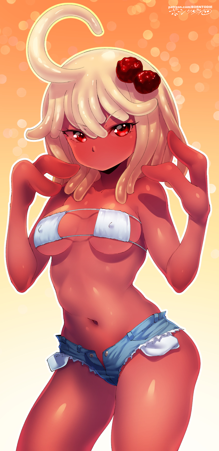 1girl ahoge bare_arms bare_shoulders born-to-die bra breasts collarbone dark_skin denim denim_shorts erect_nipples female hair_between_eyes looking_at_viewer looking_to_the_side medium_breasts midriff monster_girl navel no_mouth red_eyes shiny shiny_skin shorts solo stomach unbuttoned underwear