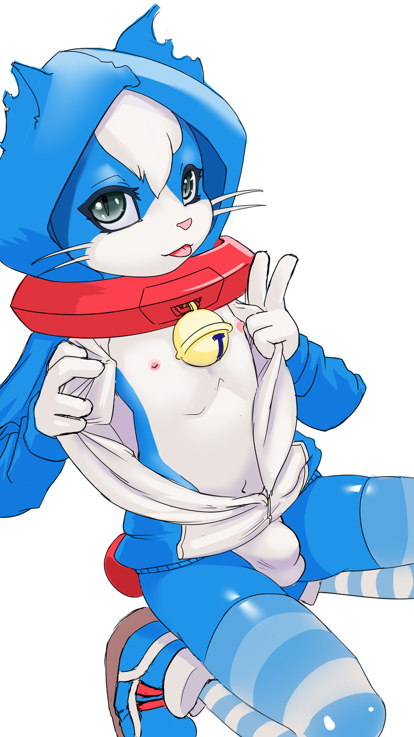5_fingers anthro bell_collar blue_fur bulge cat chizi collar feline fur grey_eyes machine male mammal navel nipples robot simple_background solo tongue tongue_out v_sign whiskers white_fur