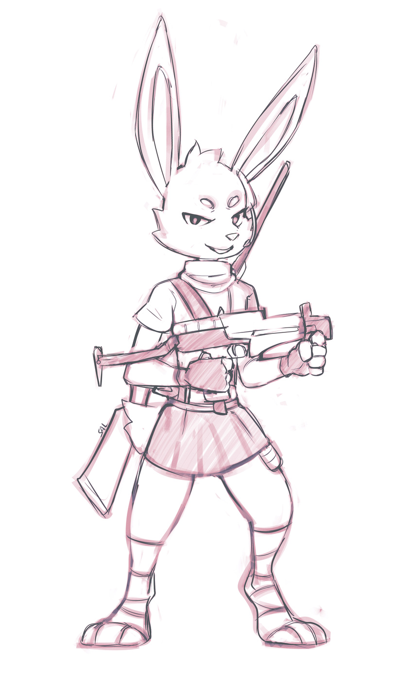 2018 absurd_res anthro bandage clothed clothing female fully_clothed gun handgun hi_res holding_object holding_weapon jill_hopkins lagomorph line_art looking_at_viewer mammal miniskirt pistol portrait rabbit ranged_weapon salanchu shirt shotgun sketch skirt smile solo standing submachine_gun thick_thighs weapon