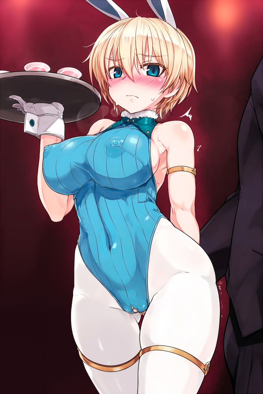 1girl animal_ears archway_of_venus bangs bare_shoulders blonde_hair blue_eyes blue_leotard blush brave_witches breasts bunny_ears bunny_girl clitoris_cutout covered_navel crotch_cutout cup drinking_glass electrodes erect_nipples erect_nipples_under_clothes exposed_clitoris eyebrows eyebrows_visible_through_hair female formal from_behind gloves leotard molestation nikka_edvardine_katajainen nipples nose_blush null_(nyanpyoun) pantyhose see-through short_hair solo strike_witches striped suit sweat sweatdrop thighhighs tray trembling vertical_stripes waitress wavy_mouth white_gloves white_legwear white_pantyhose world_witches_series wrist_cuffs