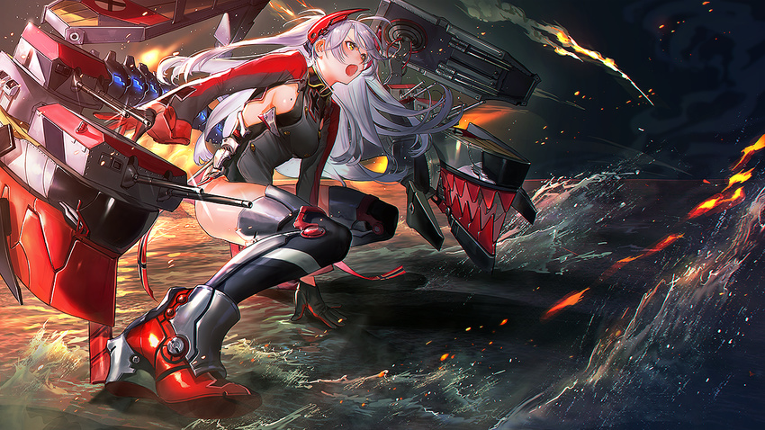 arm_support azur_lane bangs black_gloves black_legwear blush boots breasts cannon commentary_request floating_hair gloves hair_ornament lalil-le long_hair looking_to_the_side military military_uniform mole mole_on_breast on_liquid open_mouth prinz_eugen_(azur_lane) sideboob silver_hair solo squatting thighhighs uniform water yellow_eyes