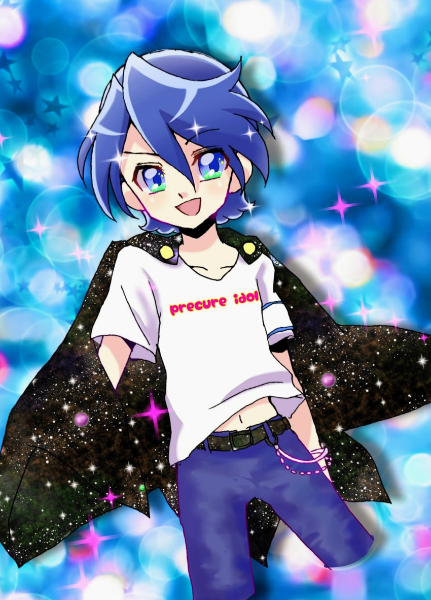 belt blue_eyes blue_hair commentary_request highres jacket jacket_on_shoulders julio_(precure) kirakira_precure_a_la_mode kuroki_rio looking_at_viewer male_focus precure reira_(reomimi0211) shirt smile solo t-shirt