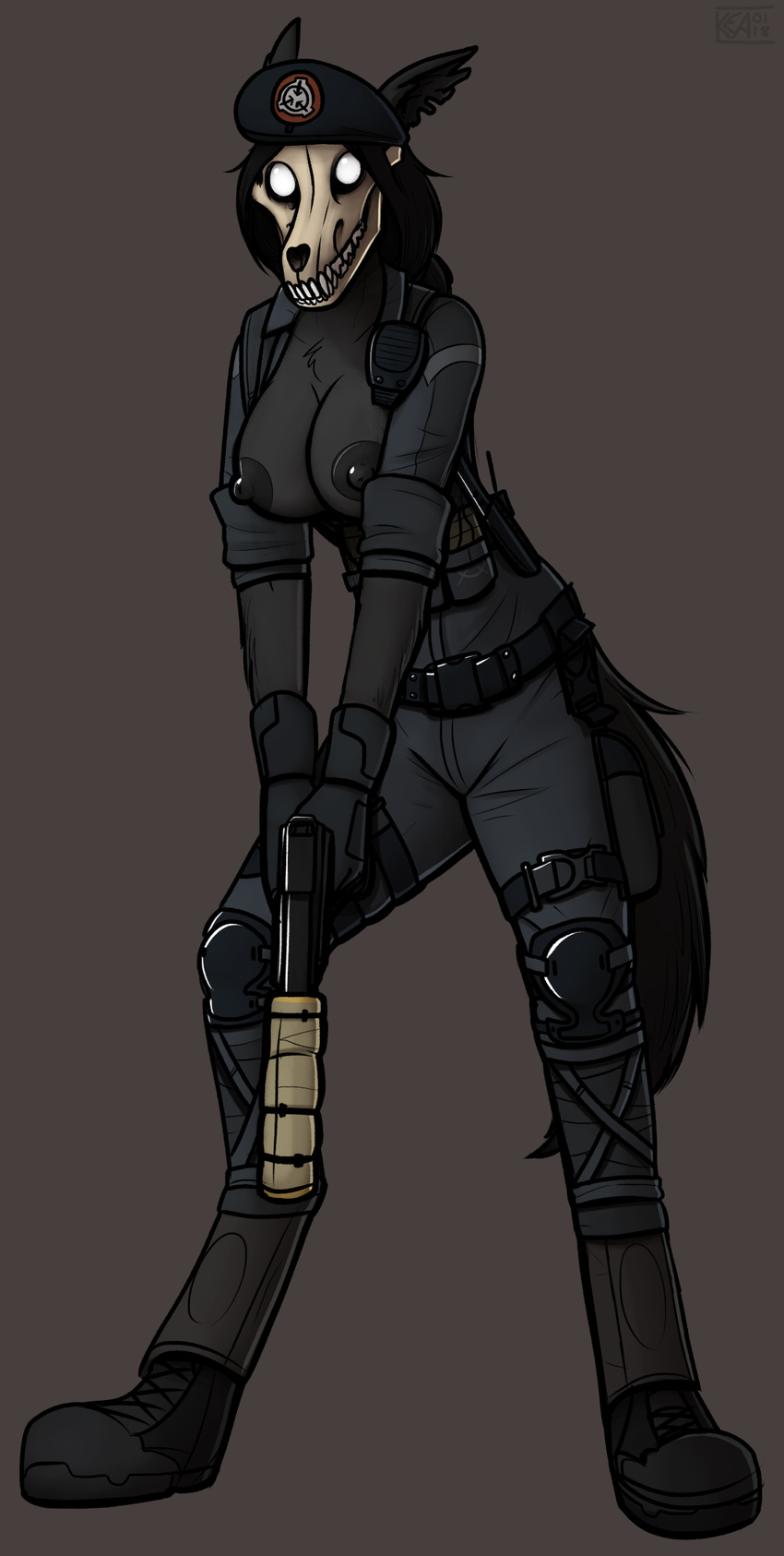 anthro big_breasts black_fur breasts canine caveira clothed clothing female fur gun hair handgun hat hi_res holding_object holding_weapon kea_(artist) looking_at_viewer mammal monster nipples pistol rainbow_six rainbow_six:_siege ranged_weapon scp-1471 scp_foundation simple_background skull solo standing weapon