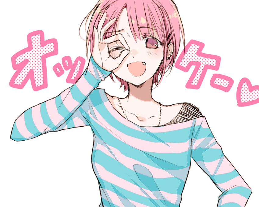 :d blue_shirt blush chisumi ear_piercing eyebrows_visible_through_hair fang hair_ornament hairclip hand_up jewelry long_sleeves necklace ok_sign one_eye_closed open_mouth original piercing pink_eyes pink_hair shirt short_hair simple_background smile solo striped striped_shirt upper_body white_background