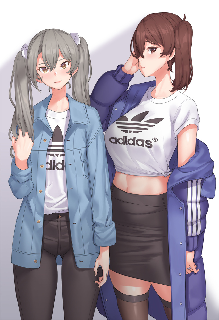 adidas alternate_costume ass_visible_through_thighs black_legwear black_pants black_skirt blush breasts brown_eyes brown_hair casual closed_mouth clothes_writing cowboy_shot franham grey_hair hair_between_eyes hair_over_one_eye hair_ribbon head_tilt highres jacket jewelry kaga_(kantai_collection) kantai_collection large_breasts logo long_hair looking_at_viewer midriff miniskirt multiple_girls navel off_shoulder open_clothes open_jacket pants pencil_skirt pink_lips ribbon ring shirt side_ponytail skin_tight skirt sleeves_folded_up standing t-shirt taut_skirt thighhighs tied_shirt twintails wedding_band yellow_eyes zettai_ryouiki zuikaku_(kantai_collection)