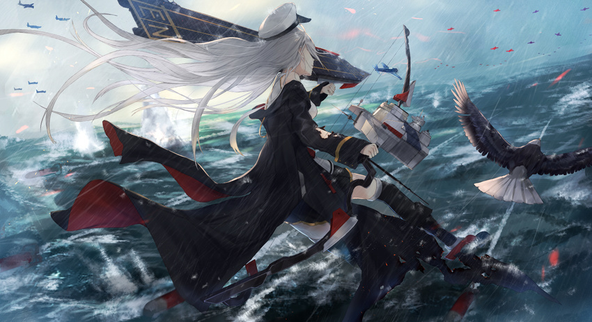 action aircraft airplane arm_up azur_lane bangs bare_shoulders bird black_coat black_legwear bow_(weapon) breasts closed_mouth coat commentary cuff_links eagle enterprise_(azur_lane) explosion floating_hair from_behind from_side hat holding holding_bow_(weapon) holding_weapon kachi large_breasts long_hair machinery miniskirt ocean off_shoulder peaked_cap pleated_skirt rain rigging rudder_shoes shirt silver_hair skirt sleeve_cuffs sleeveless solo standing standing_on_liquid thighhighs thighs torn_coat torpedo very_long_hair water waves weapon wet wind wind_lift