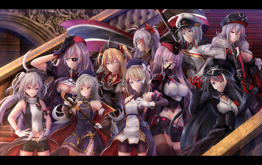 :d :o adjusting_eyewear admiral_hipper_(azur_lane) ahoge antenna_hair arm_up arm_warmers armband azur_lane badge bangs bare_arms bare_shoulders belt belt_buckle belt_pouch bike_shorts black_belt black_coat black_gloves black_hair black_hat black_jacket black_legwear black_shorts blonde_hair blue_dress blue_eyes blue_hat blunt_bangs breasts brown_hair buckle cloak closed_mouth coat collarbone commentary_request contrapposto cowboy_shot cropped_jacket cross cross_earrings cross_hair_ornament crossed_bangs denpa_(denpae29) detached_sleeves deutschland_(azur_lane) double-breasted dress earrings evil_grin evil_smile expressionless eyebrows_visible_through_hair eyepatch finger_on_trigger flag flat_chest floating_hair frilled_dress frills fur-trimmed_cloak fur_trim glasses gloves gneisenau_(azur_lane) graf_zeppelin_(azur_lane) green_eyes grey_cloak grey_gloves grin groin gun hair_between_eyes hair_ornament half-closed_eye half_updo halterneck hand_on_headwear hand_up hands_on_hips hands_up hat hat_ribbon headwear high_collar holding holding_gun holding_sword holding_weapon indoors iron_cross jacket jewelry large_breasts latin_cross letterboxed long_hair long_sleeves looking_at_viewer looking_away looking_to_the_side mechanical_hand medium_breasts medium_hair military military_uniform multiple_girls navel one_eye_closed open_clothes open_coat open_mouth parted_lips peaked_cap pink_eyes pouch print_dress prinz_eugen_(azur_lane) purple_eyes purple_hair red-framed_eyewear red_belt red_coat red_collar red_eyes red_hair ribbon shiny shiny_hair shirt short_dress short_sleeves shorts sidelocks silver_hair sleeveless sleeveless_dress sleeveless_jacket small_breasts smile stairs standing stomach straight_hair sword tassel taut_clothes taut_shirt thighhighs tirpitz_(azur_lane) two_side_up underboob uniform v-shaped_eyebrows very_long_hair weapon white_belt white_gloves white_hair white_hat white_jacket white_ribbon white_shirt wind wing_collar yellow_eyes z1_leberecht_maass_(azur_lane) z23_(azur_lane) z46_(azur_lane)