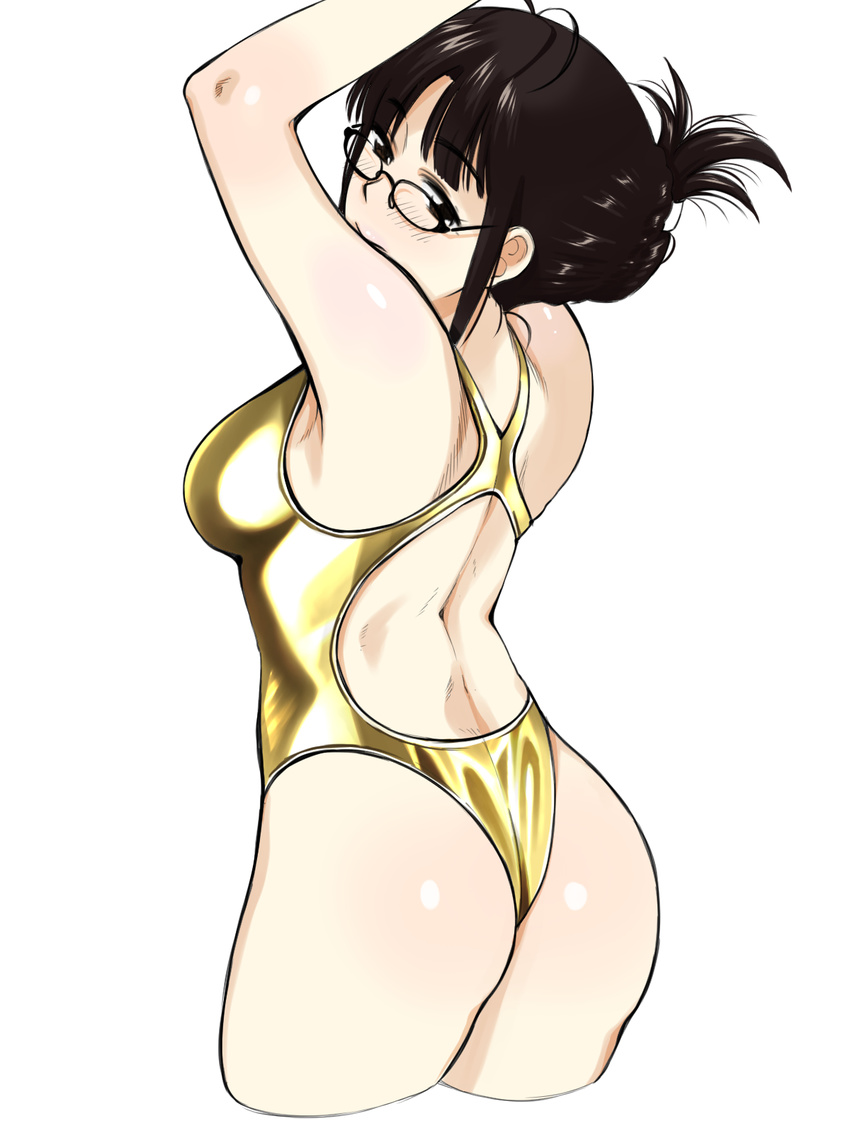 akizuki_ritsuko antenna_hair armpits arms_up ass back back_cutout bangs bare_arms bare_shoulders black-framed_eyewear blunt_bangs blush breasts brown_eyes brown_hair closed_mouth competition_swimsuit cowboy_shot cropped_legs eyebrows_visible_through_hair folded_ponytail glasses highres humiyou idolmaster idolmaster_(classic) medium_breasts one-piece_swimsuit shiny shiny_clothes shiny_hair short_hair sidelocks simple_background smile solo standing swimsuit white_background yellow_swimsuit