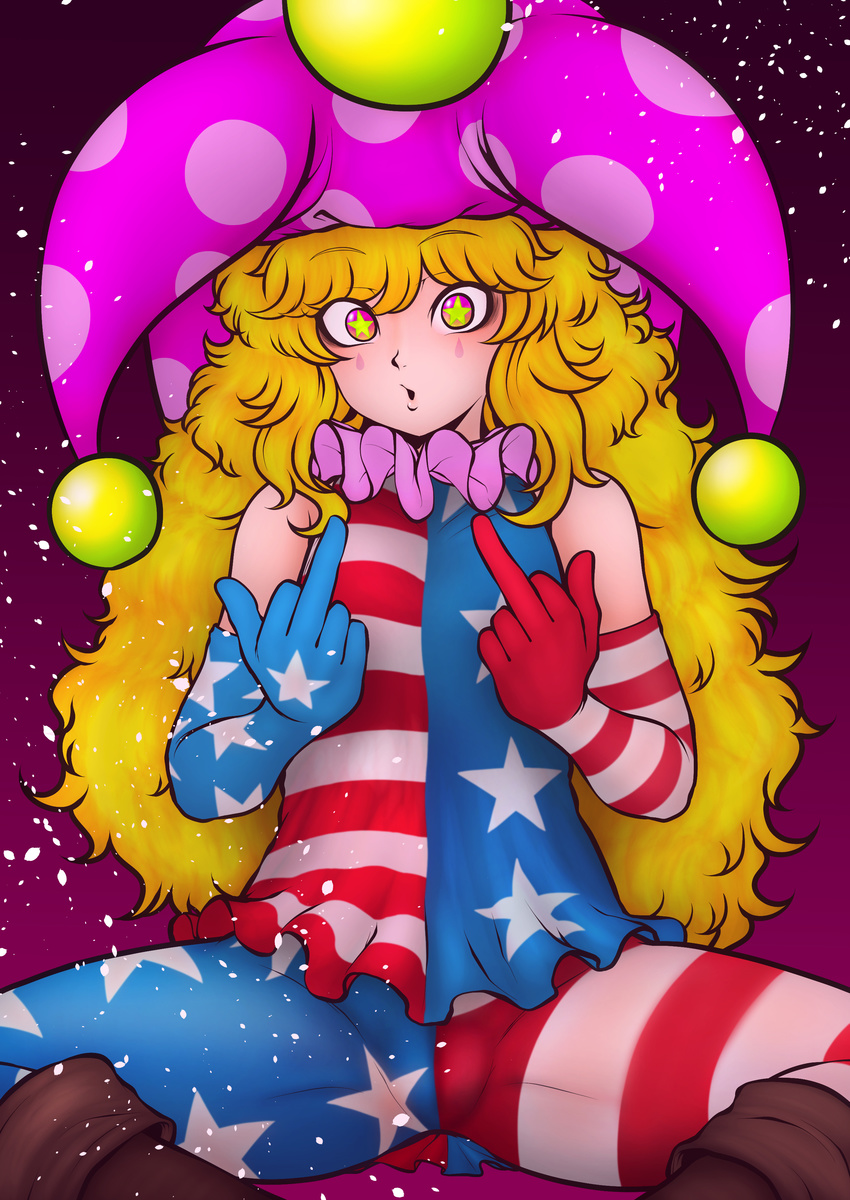 absurdres american_flag_dress american_flag_gloves american_flag_legwear bad_id bad_pixiv_id bangs black_background blonde_hair boots brown_footwear clownpiece commentary_request double_middle_finger dress elbow_gloves gloves gradient gradient_background hat highres jester_cap long_hair looking_at_viewer messy_hair miazuma_sarin microdress middle_finger neck_ruff pantyhose pink_eyes pink_hat polka_dot purple_background sitting sleeveless sleeveless_dress solo spread_legs star star-shaped_pupils star_print striped striped_dress striped_legwear symbol-shaped_pupils touhou