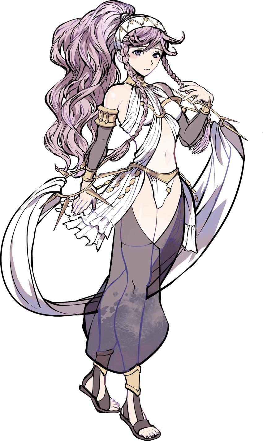 akira_(kaned_fools) bare_shoulders braid breasts fire_emblem fire_emblem:_kakusei fire_emblem_heroes full_body gloves hairband highres jewelry long_hair midriff navel official_art olivia_(fire_emblem) pink_hair ponytail sandals smile solo transparent_background twin_braids