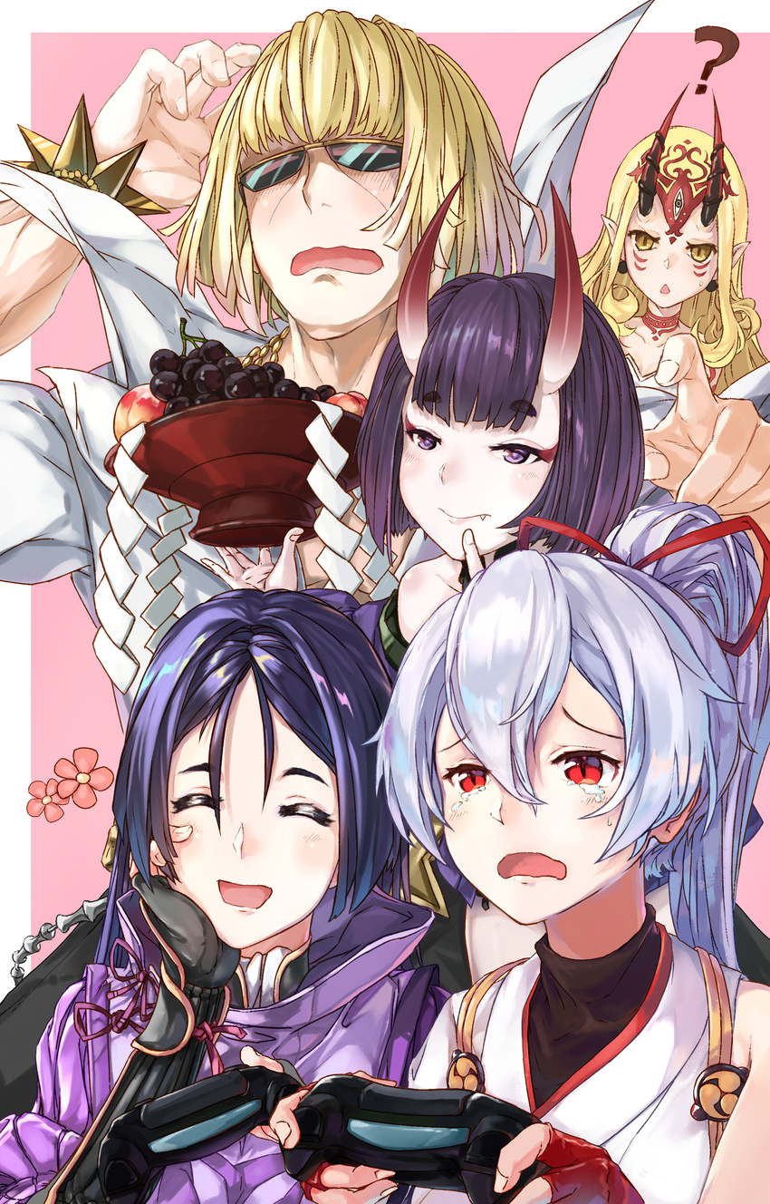 4girls ? absurdres alcohol bangs blonde_hair blush bob_cut bodysuit breasts chestnut_mouth commentary_request controller cup facial_mark fang_out fangs fate/grand_order fate_(series) game_console game_controller gamepad hair_between_eyes headpiece highres horns ibaraki_douji_(fate/grand_order) japanese_clothes kimono large_breasts long_hair minamoto_no_raikou_(fate/grand_order) mitsudomoe_(shape) multiple_girls oni oni_horns open_clothes open_kimono open_mouth parted_bangs playing_games playstation_4 pointy_ears ponytail purple_bodysuit purple_eyes purple_hair red_eyes ribbed_sleeves sakata_kintoki_(fate/grand_order) sakazuki sake shionji_ax short_eyebrows short_hair shuten_douji_(fate/grand_order) silver_hair sleeveless sleeveless_turtleneck slit_pupils smile sunglasses tabard tattoo tomoe_(symbol) tomoe_gozen_(fate/grand_order) turtleneck very_long_hair wavy_mouth white_kimono yellow_eyes