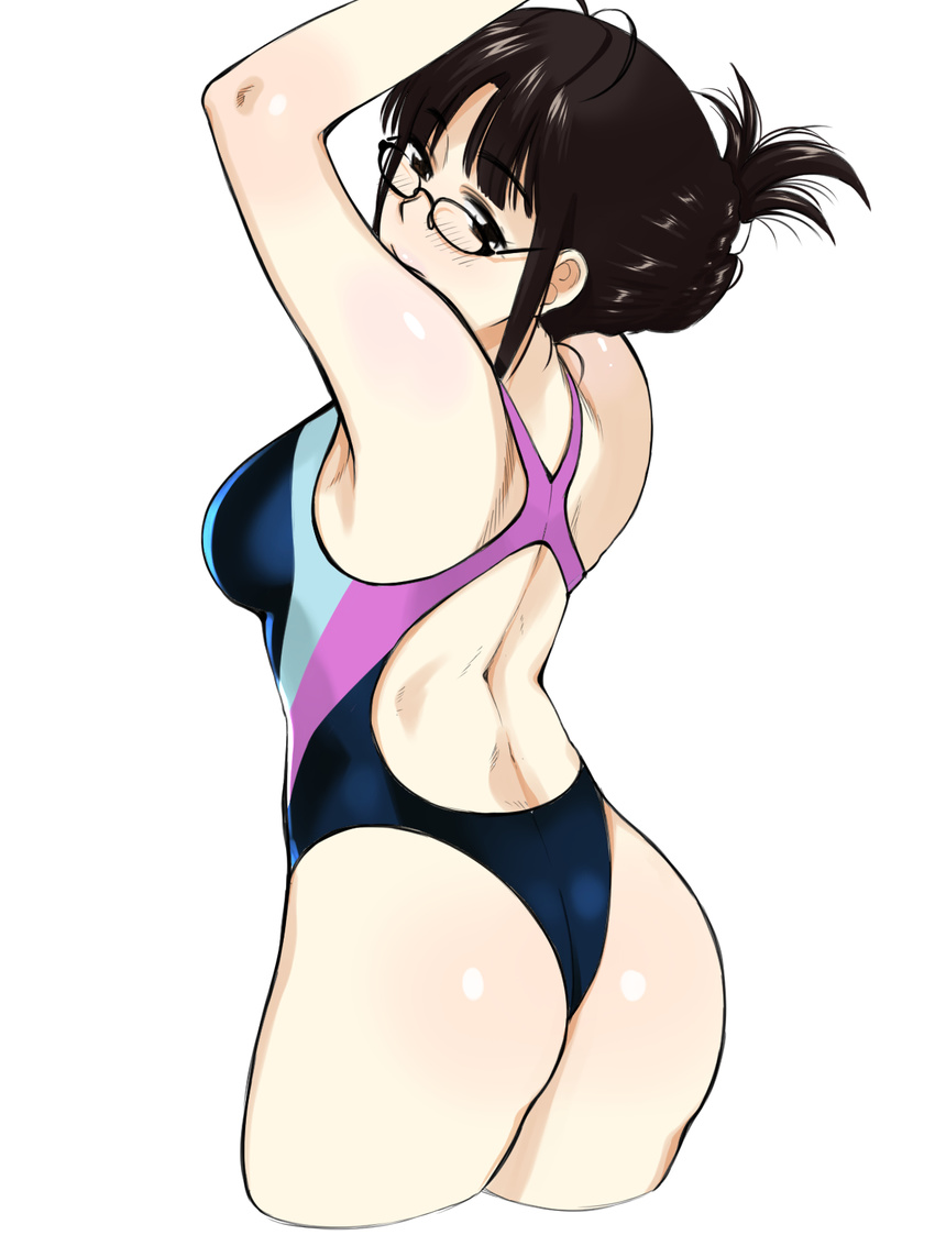 akizuki_ritsuko antenna_hair armpits arms_up ass back back_cutout bangs bare_arms bare_shoulders black-framed_eyewear blunt_bangs blush breasts brown_eyes brown_hair closed_mouth competition_swimsuit cowboy_shot cropped_legs eyebrows_visible_through_hair folded_ponytail glasses highres humiyou idolmaster idolmaster_(classic) medium_breasts multicolored multicolored_clothes multicolored_swimsuit one-piece_swimsuit shiny shiny_hair short_hair sidelocks simple_background smile solo standing swimsuit white_background