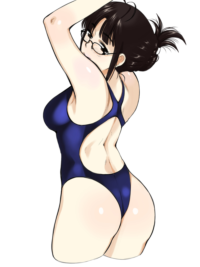 akizuki_ritsuko antenna_hair armpits arms_up ass back back_cutout bangs bare_arms bare_shoulders black-framed_eyewear blue_swimsuit blunt_bangs blush breasts brown_eyes brown_hair closed_mouth competition_swimsuit cowboy_shot cropped_legs eyebrows_visible_through_hair folded_ponytail glasses highres humiyou idolmaster idolmaster_(classic) medium_breasts one-piece_swimsuit shiny shiny_hair short_hair sidelocks simple_background smile solo standing swimsuit white_background