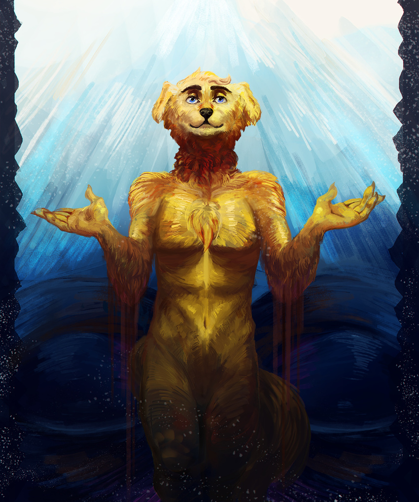 2016 5_fingers anthro black_nose canine digital_media_(artwork) dog featureless_crotch fur male mammal nude pale_eyes pennawings smile solo stanidng yellow_fur