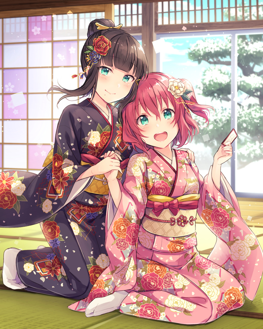 :d aqua_eyes bangs black_hair blunt_bangs breasts card closed_mouth commentary_request eyebrows_visible_through_hair flower hair_bun hair_flower hair_ornament hair_up highres holding holding_card holding_hands indoors japanese_clothes kanzashi kimono kneeling kurosawa_dia kurosawa_ruby looking_at_viewer love_live! love_live!_school_idol_festival love_live!_sunshine!! medium_hair mole mole_under_mouth multiple_girls no_shoes obi open_mouth red_hair revision sakou_mochi sash siblings sidelocks sisters sitting sliding_doors smile snow tabi tatami two_side_up wide_sleeves