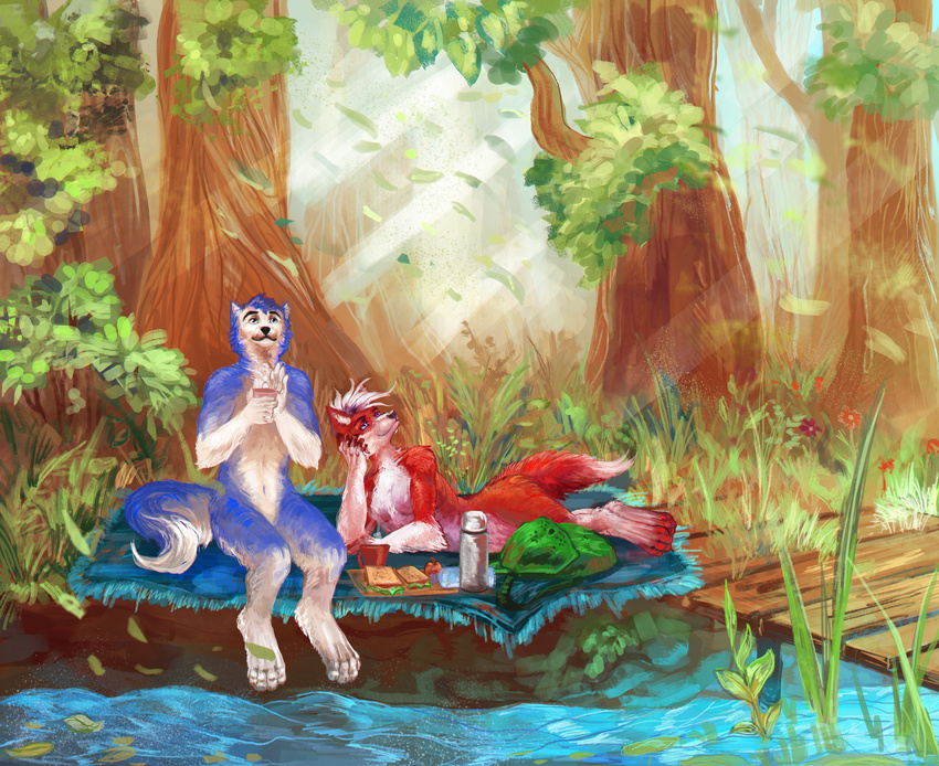 2016 anthro blue_fur canine day detailed_background digital_media_(artwork) dog duo forest fox fur male mammal outside pennawings red_fur tree water