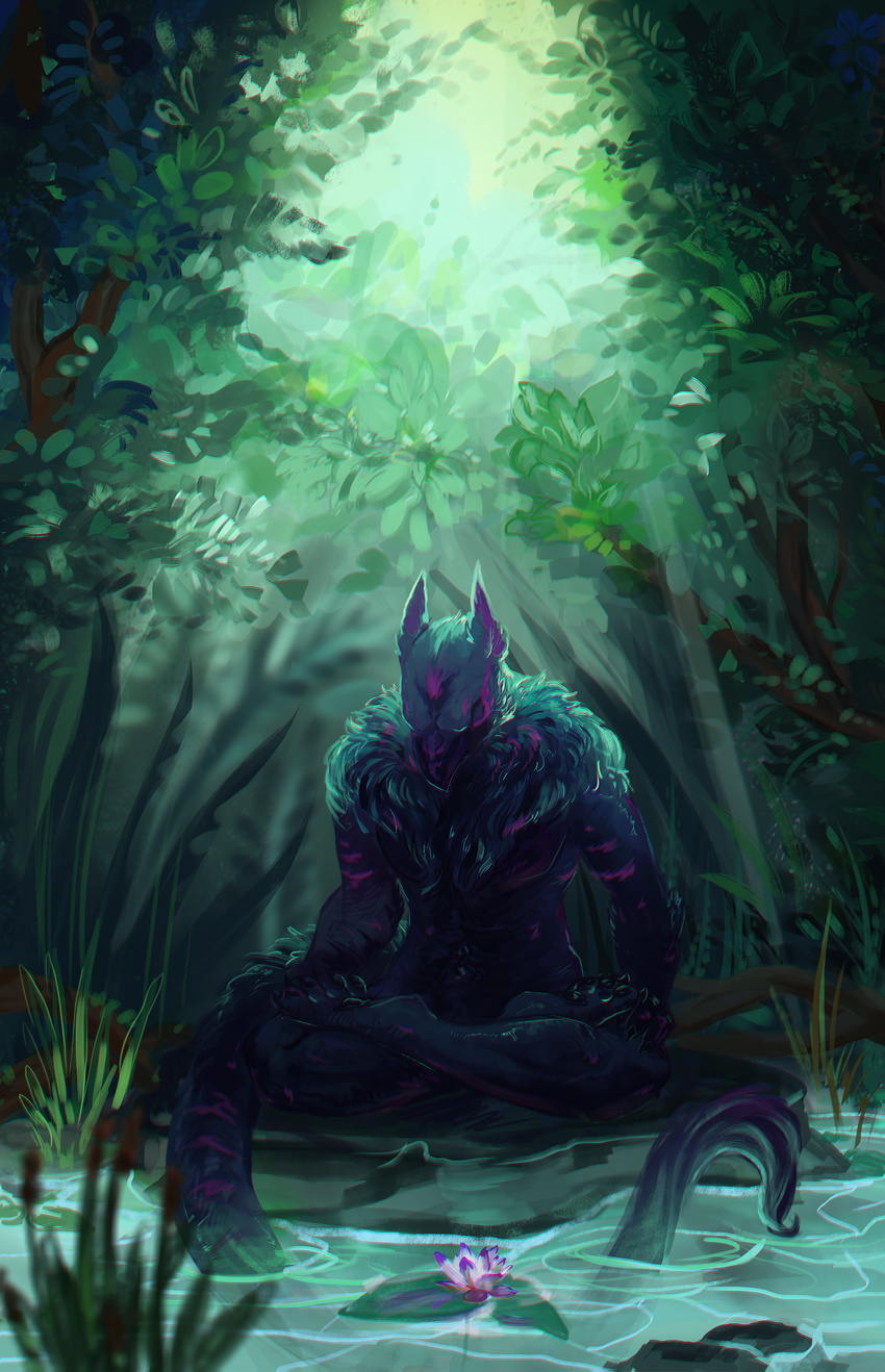 2017 anthro day detailed_background digital_media_(artwork) digital_painting_(artwork) eyes_closed forest hybrid outside partially_submerged pennawings sitting solo tree water