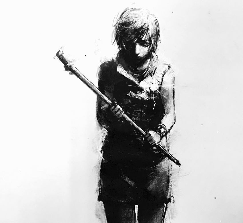 commentary_request greyscale heather_mason highres jacket monochrome sharpen_(optimasplime_fantazy) short_hair silent_hill silent_hill_3 skirt sleeveless sleeveless_turtleneck solo turtleneck vest watch wristband