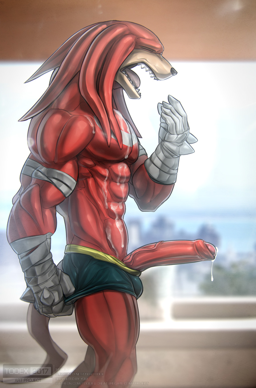 abs biceps bulge clothing cum erection eyes_closed fur knuckles_the_echidna male mostly_nude muscular muscular_male open_mouth pecs penis red_fur sonic_(series) standing teeth todex tongue white_fur yawn