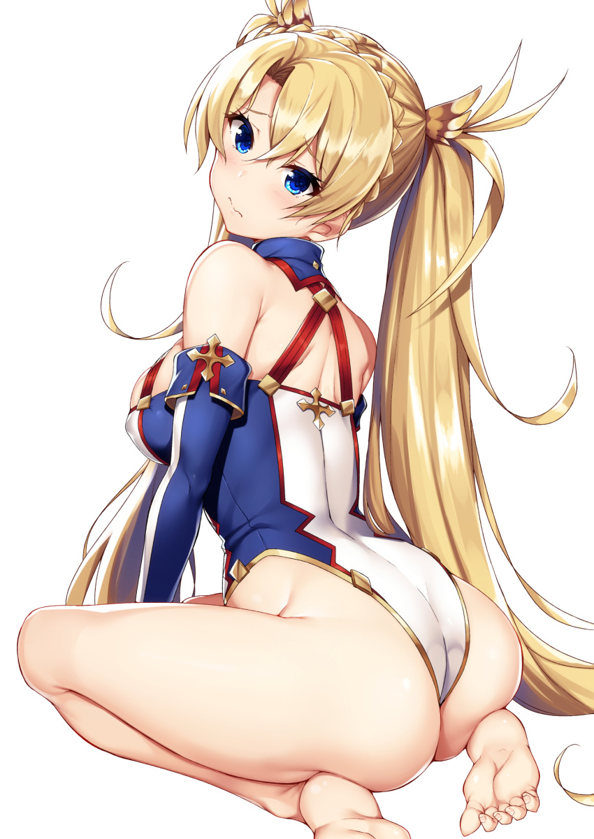 3: ass back bangs bare_legs bare_shoulders barefoot blonde_hair blue_eyes bradamante_(fate/grand_order) braid breasts commentary_request detached_sleeves erect_nipples eyebrows_visible_through_hair eyes_closed fate/grand_order fate_(series) feet french_braid hair_between_eyes hair_intakes highres huge_ass large_breasts leotard long_hair looking_at_viewer looking_back raiou sitting skin_tight skindentation solo thighs toenails twintails two_side_up very_long_hair white_background
