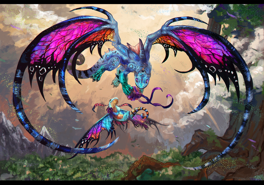 2015 black_bars brightwing day detailed_background digital_media_(artwork) dragon duo faerie_dragon feral flying horn membranous_wings outside pennawings spread_wings tree video_games warcraft wings