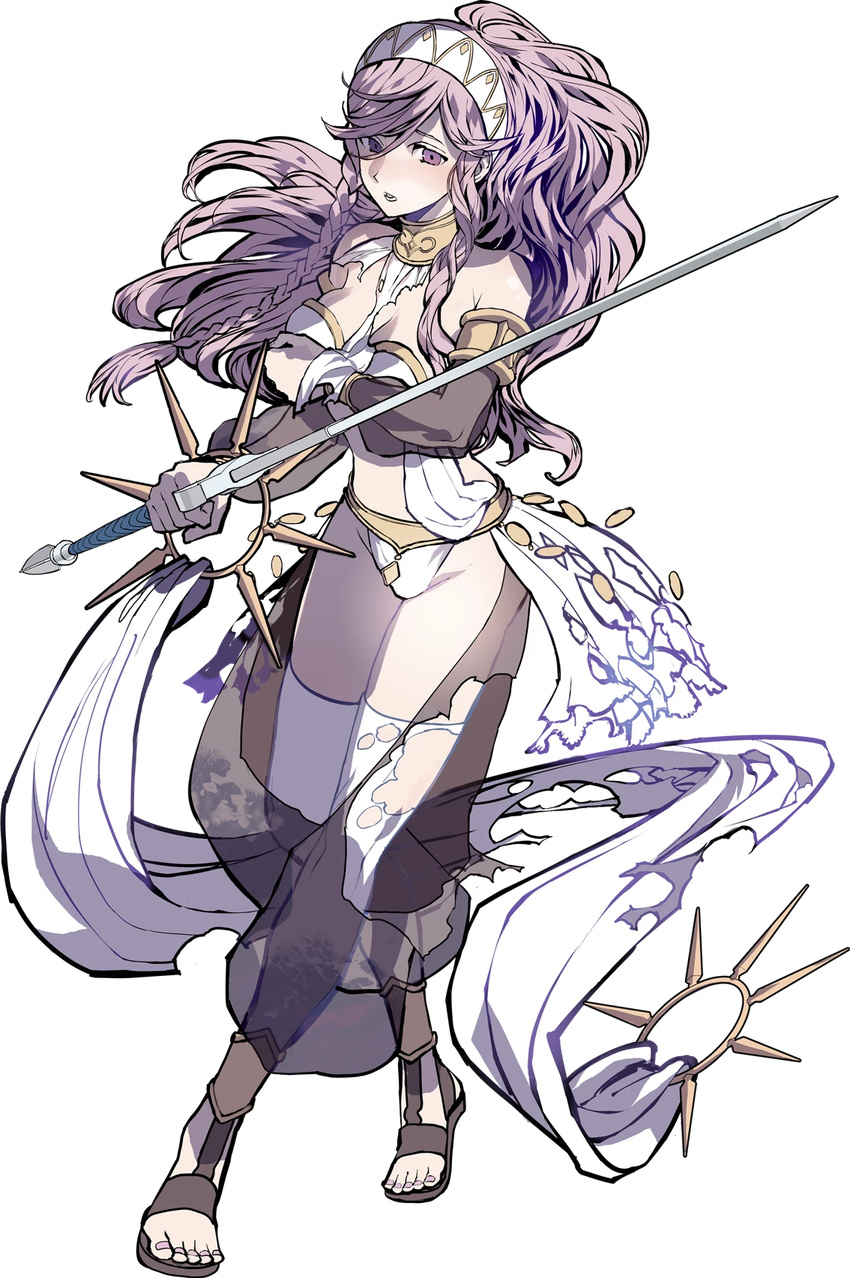akira_(kaned_fools) bare_shoulders blush braid breasts fire_emblem fire_emblem:_kakusei fire_emblem_heroes full_body gloves hairband highres jewelry long_hair midriff navel official_art olivia_(fire_emblem) pink_hair ponytail sandals solo sword torn_clothes transparent_background twin_braids weapon