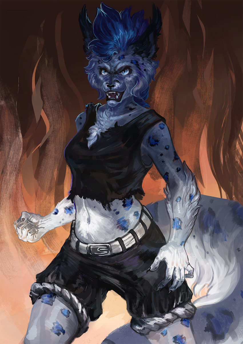 2017 anthro black_lips blue_eyes blue_fur blue_hair clothed clothing digital_media_(artwork) feline female fur hair lynx mammal midriff navel open_mouth pennawings solo spots spotted_fur teeth tongue