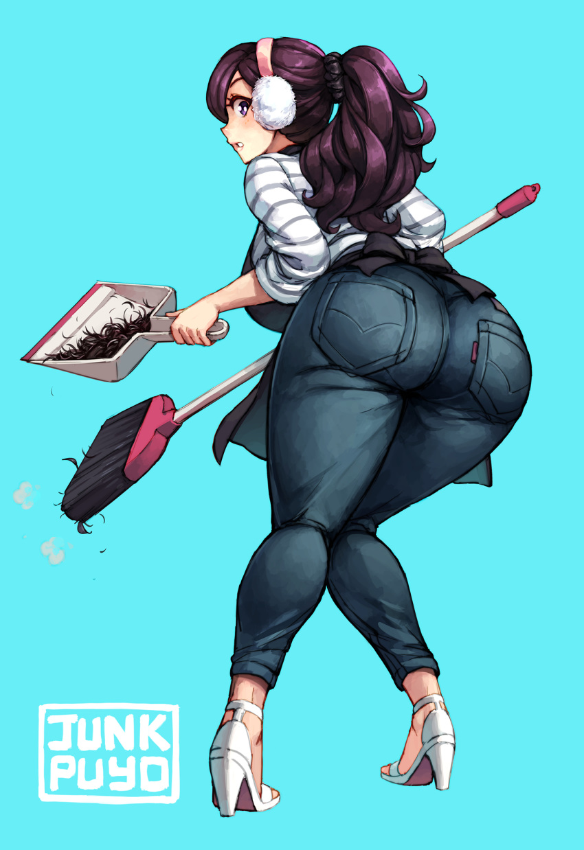 :o apron artist_name ass beryl_(junkpuyo) black_apron blue_background breasts broom curvy denim dustpan earmuffs from_behind full_body hair_ornament hair_pulled_back hair_scrunchie high_heels highres hips holding horizontal_stripes huge_ass huge_breasts jeans junkpuyo knees_together_feet_apart leaning_forward legs long_hair long_sleeves looking_at_viewer looking_back no_socks original pants parted_lips pigeon-toed ponytail profile purple_eyes purple_hair scrunchie severed_hair shirt simple_background solo standing strappy_heels striped striped_shirt surprised thick_thighs thighs tied_hair white_footwear wide_hips