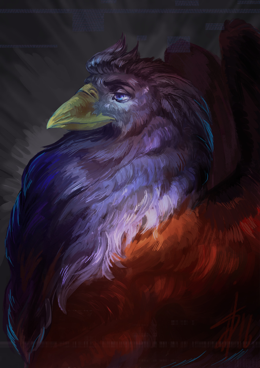 2016 anthro avian beak bird blue_eyes digital_media_(artwork) feathered_wings feathers pennawings solo wings yellow_beak