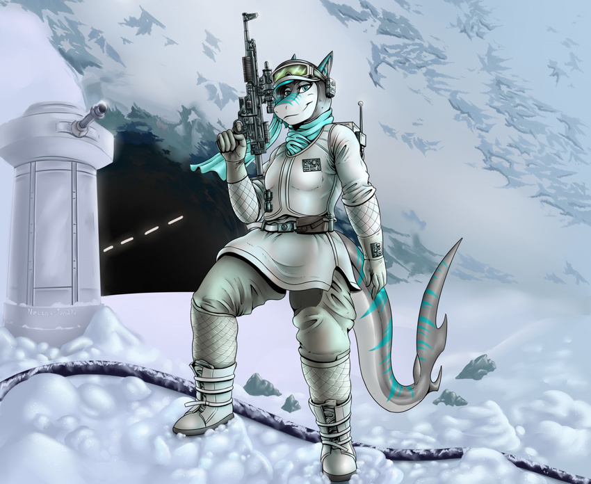 5_fingers anthro blue_eyes detailed_background female fin fish gun holding_object holding_weapon hoth marine neltharion290 ranged_weapon rebellion shark solo stanidng star_wars weapon