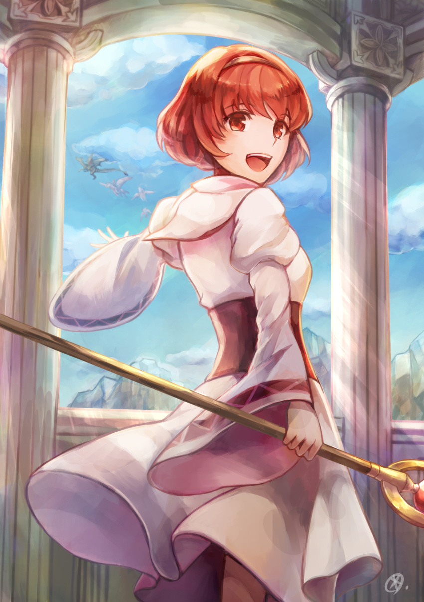 cloud cloudy_sky cowboy_shot day dragon est fire_emblem fire_emblem:_monshou_no_nazo hairband highres katua long_sleeves looking_at_viewer maria_(fire_emblem) minerva_(fire_emblem) open_mouth outstretched_hand paola pegasus_knight pillar red_eyes red_hair robe short_hair sky staff wide_sleeves wyvern yukimiyuki