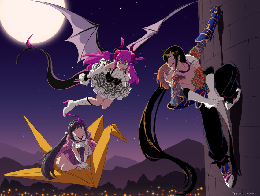 3girls :t absurdly_long_hair arm_support asaya_minoru asymmetrical_horns bangs black_hair black_legwear black_pants blunt_bangs boots bow brown_hair chest_tattoo climbing climbing_wall cloak closed_mouth curled_horns detached_sleeves dragon_girl dragon_horns dragon_tail dragon_wings elbow_gloves elizabeth_bathory_(fate) elizabeth_bathory_(fate)_(all) eyebrows_visible_through_hair fang fate/extra fate/extra_ccc fate/grand_order fate_(series) fingerless_gloves flying fujimaru_ritsuka_(female) full_moon gauntlets gloves green_eyes grey_skirt grey_wings hair_between_eyes hair_bobbles hair_bow hair_ornament hair_ribbon hood hood_down hooded_cloak horns japanese_clothes kimono knee_boots long_hair long_sleeves low_ponytail moon mountain multiple_girls night night_sky open_mouth origami osakabe-hime_(fate/grand_order) outdoors pants pantyhose parted_lips pink_cloak plaid plaid_skirt pointy_ears ponytail purple_bow purple_eyes purple_hair purple_ribbon purple_skirt ribbon shirt shirtless shoes short_kimono sidelocks skirt sky sleeveless sleeveless_shirt smile spiked_boots spikes star_(sky) starry_sky tail tattoo twitter_username very_long_hair white_footwear white_gloves white_kimono white_shirt wings yan_qing_(fate/grand_order)