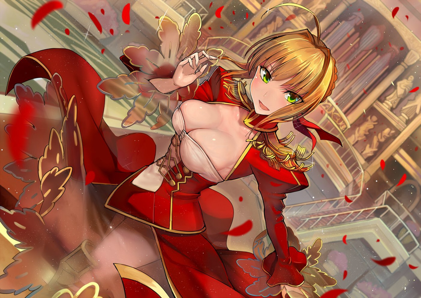 blonde_hair breasts cleavage dress fate/extra fate_(series) green_eyes nero_claudius_(fate) nero_claudius_(fate)_(all) open_clothes open_mouth walzrj