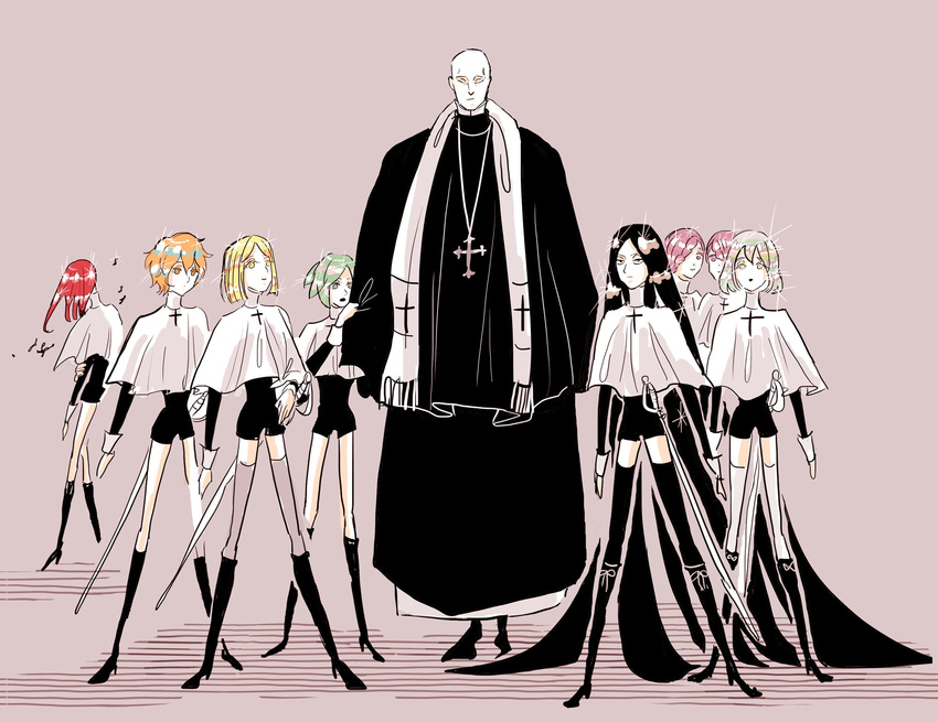 6+others alternate_costume amethyst_(houseki_no_kuni) androgynous bald black_footwear black_hair blonde_hair boots bort commentary cross cross_necklace crystal_hair diamond_(houseki_no_kuni) giru_(gillingdoll) hair_over_one_eye highres houseki_no_kuni jewelry knee_boots kongou_sensei latin_cross long_hair multiple_others necklace orange_hair phosphophyllite priest purple_hair red_hair shinsha_(houseki_no_kuni) stole thighhighs what_if white_legwear yellow_diamond_(houseki_no_kuni) zircon_(houseki_no_kuni)