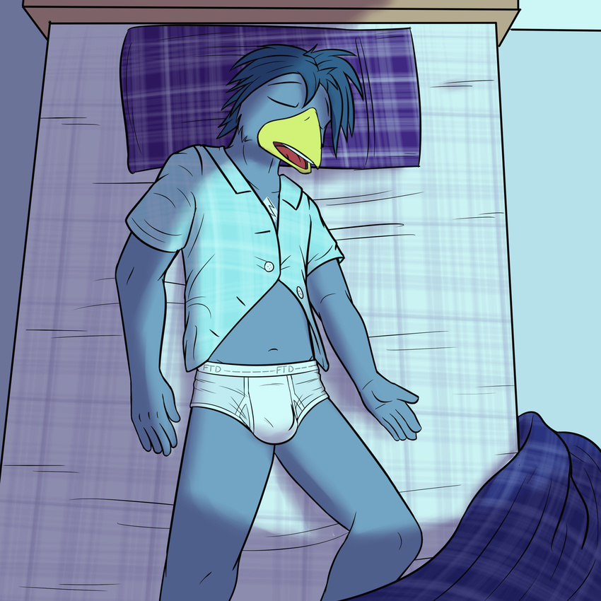avian beak bed briefs bulge clothing fuze josh_oliver male sleeping texnatsu tighty_whities underwear white_underwear