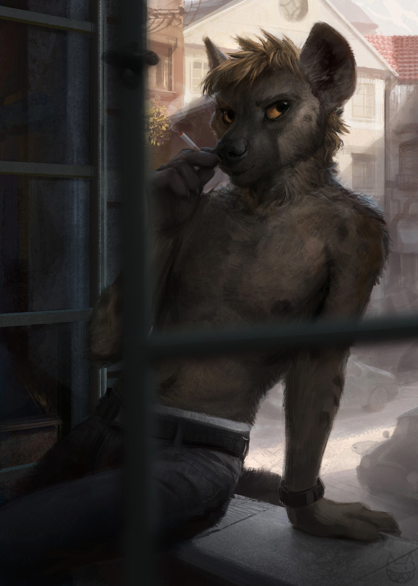 2018 5_fingers absurd_res anthro belt black_eyes brown_fur brown_hair brown_sclera cigarette claws clothed clothing day digital_media_(artwork) fur hair hax_(artist) hi_res hyena inside jeans kenket lofi looking_up male mammal nipples pants sitting smoking solo topless town watch watermark white_underwear window