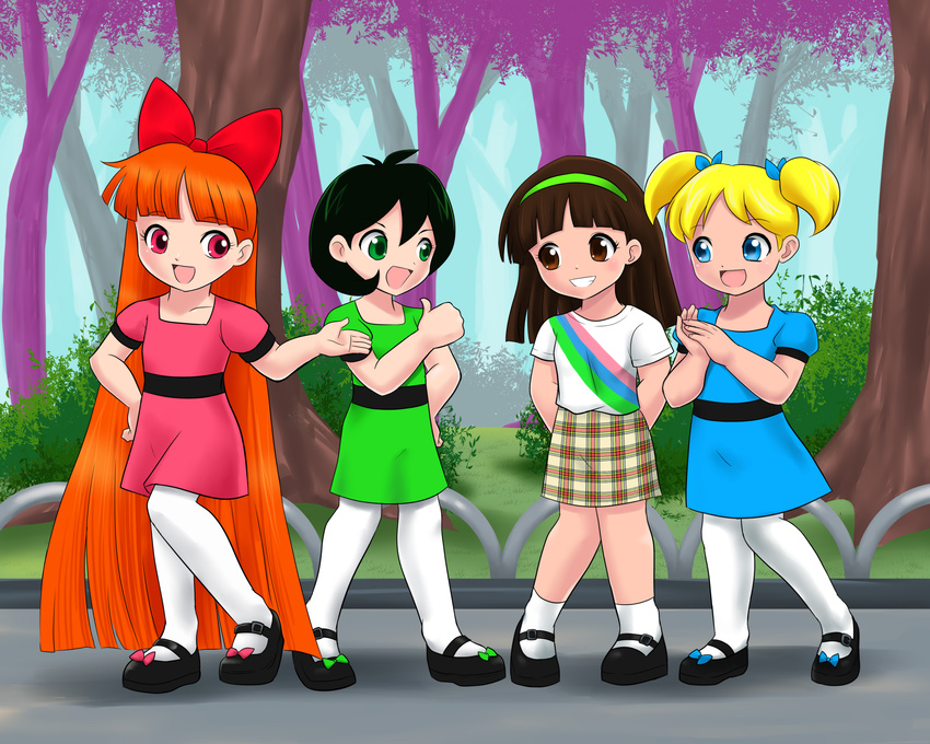 :d absurdres alternate_costume aqua_bow aqua_dress aqua_eyes aqua_ribbon blonde_hair blossom_(ppg) bow brown_eyes brown_hair brown_skirt bubbles_(ppg) buttercup_(ppg) child clapping commentary commission day dress eye_contact flat_chest forest green_bow green_eyes green_hair green_hairband hair_bow hair_ribbon hairband highres j8d lineup long_hair looking_at_another mary_janes multiple_girls nature open_mouth outdoors pantyhose pink_bow pink_eyes plaid plaid_skirt powerpuff_girls red_bow ribbon robin_schneider shoe_bow shoes short_dress short_hair short_sleeves short_twintails skirt smile standing thumbs_up twintails very_long_hair very_short_hair white_legwear