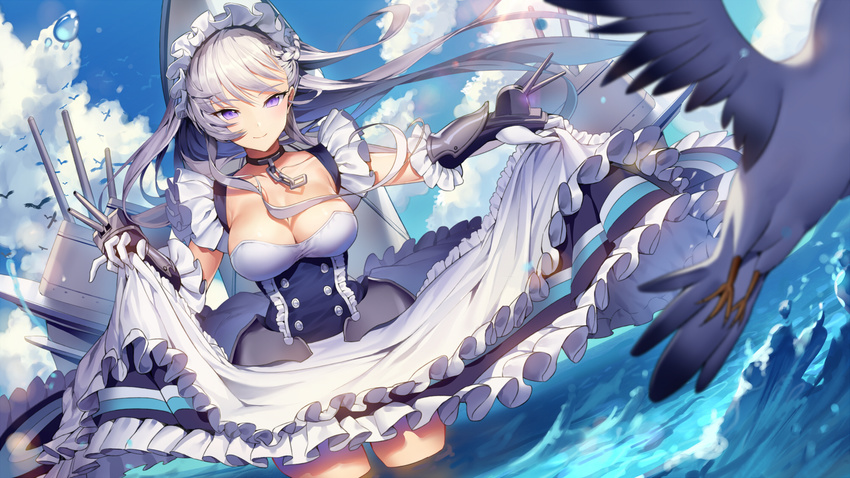 apron azur_lane bad_id bad_pixiv_id belfast_(azur_lane) bird breasts carchet chain cleavage collar dress frilled_dress frills gloves highres large_breasts long_hair looking_at_viewer machinery maid maid_apron maid_headdress purple_eyes seagull silver_hair skirt skirt_lift smile solo standing turret wading water_drop