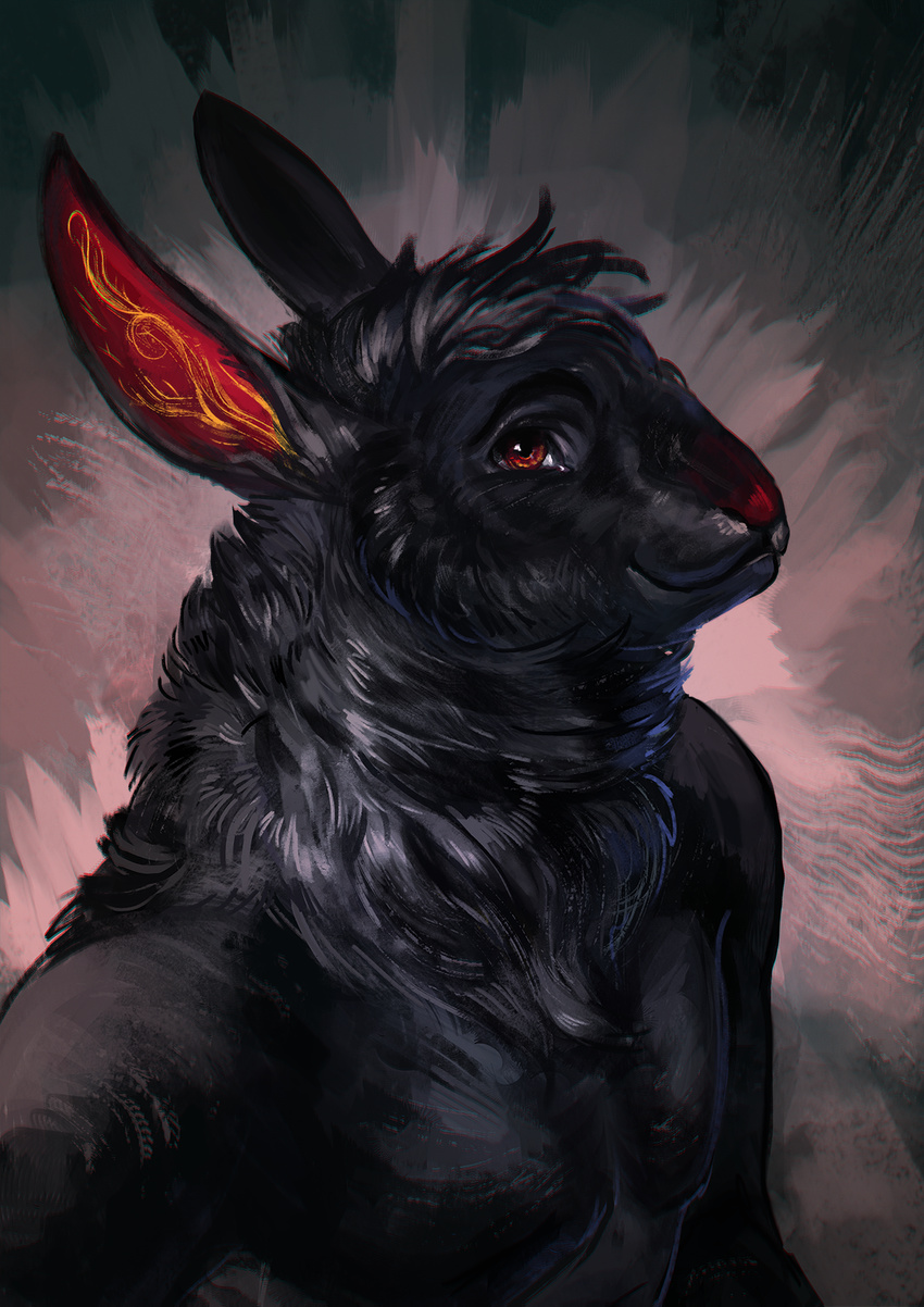 2018 anthro black_fur brown_eyes digital_media_(artwork) fur lagomorph male mammal pennawings rabbit simple_background smile solo