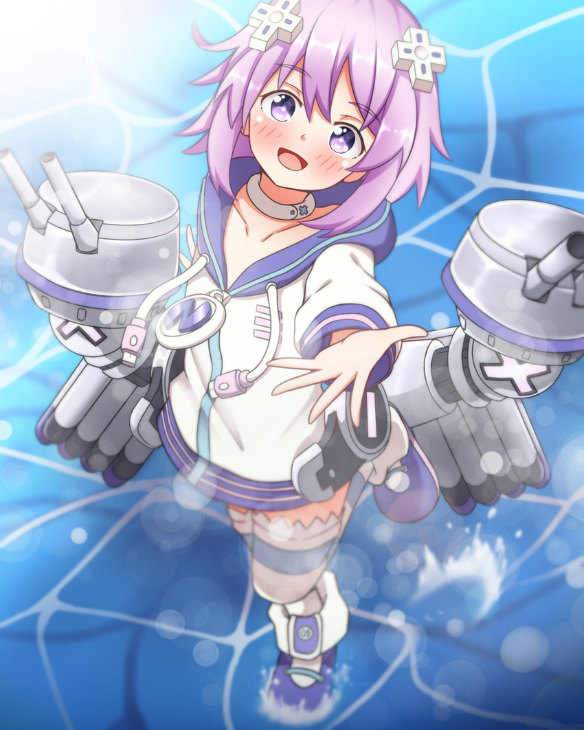 absurdres azur_lane blush choker d-pad d-pad_hair_ornament from_above hair_ornament highres hood hooded_track_jacket hoodie jacket looking_at_viewer looking_up neptune_(choujigen_game_neptune) neptune_(series) purple_eyes purple_hair silver_light solo striped striped_legwear track_jacket water