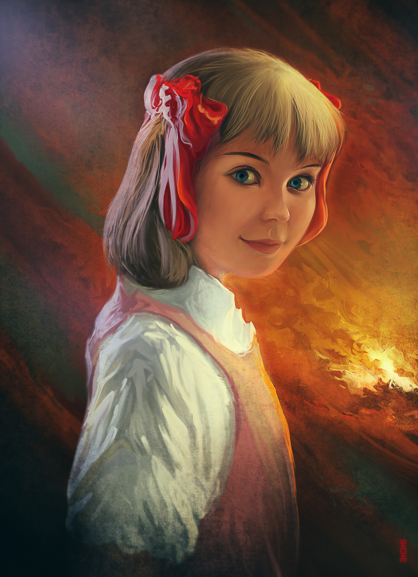 abstract_background absurdres bangs blonde_hair blouse blue_eyes bow closed_mouth commission dress eyes flat_chest from_side hair_bow highres lips long_sleeves looking_at_viewer looking_to_the_side medium_hair non-web_source nose peter_pan_no_bouken pink_dress realistic red_bow rhads ribbon smile upper_body wendy_darling white_blouse