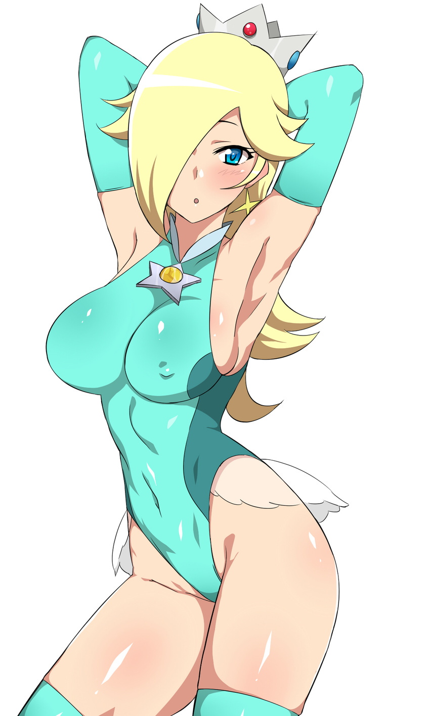 :o aqua_gloves aqua_legwear armpits arms_behind_head arms_up bare_shoulders blonde_hair blue_eyes blue_leotard blush breasts brooch contrapposto covered_nipples crown earrings elbow_gloves gem gloves groin hair_over_one_eye highleg highleg_leotard highres hips jewelry kagemusha large_breasts leotard long_hair looking_at_viewer mario_(series) open_mouth rosetta_(mario) see-through simple_background skin_tight skindentation solo standing star star_earrings super_mario_bros. super_mario_galaxy thighhighs thighs white_background