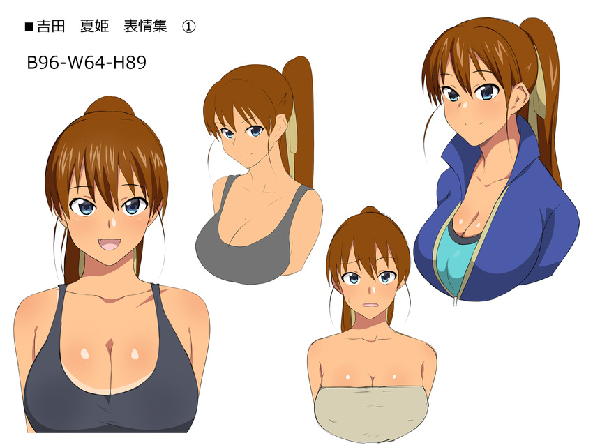 breasts brown_hair character_sheet cleavage commentary_request covered_nipples fang hair_ribbon high_ponytail highres kagemusha large_breasts long_hair looking_at_viewer measurements multiple_views original ribbon school_uniform smile tan tanline translation_request