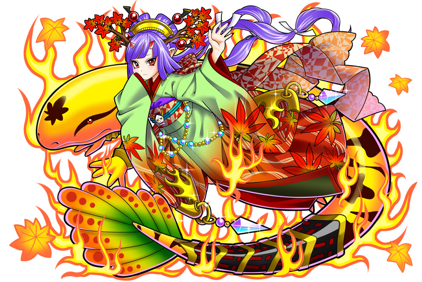 autumn_leaves blue_hair dragon_egg fire flame hair_ornament hair_stick highres japanese_clothes kimono leaf leaf_print long_hair looking_at_viewer maple_leaf mito_amatsu oni_horns pointy_ears red_eyes salamander solo very_long_hair wide_sleeves