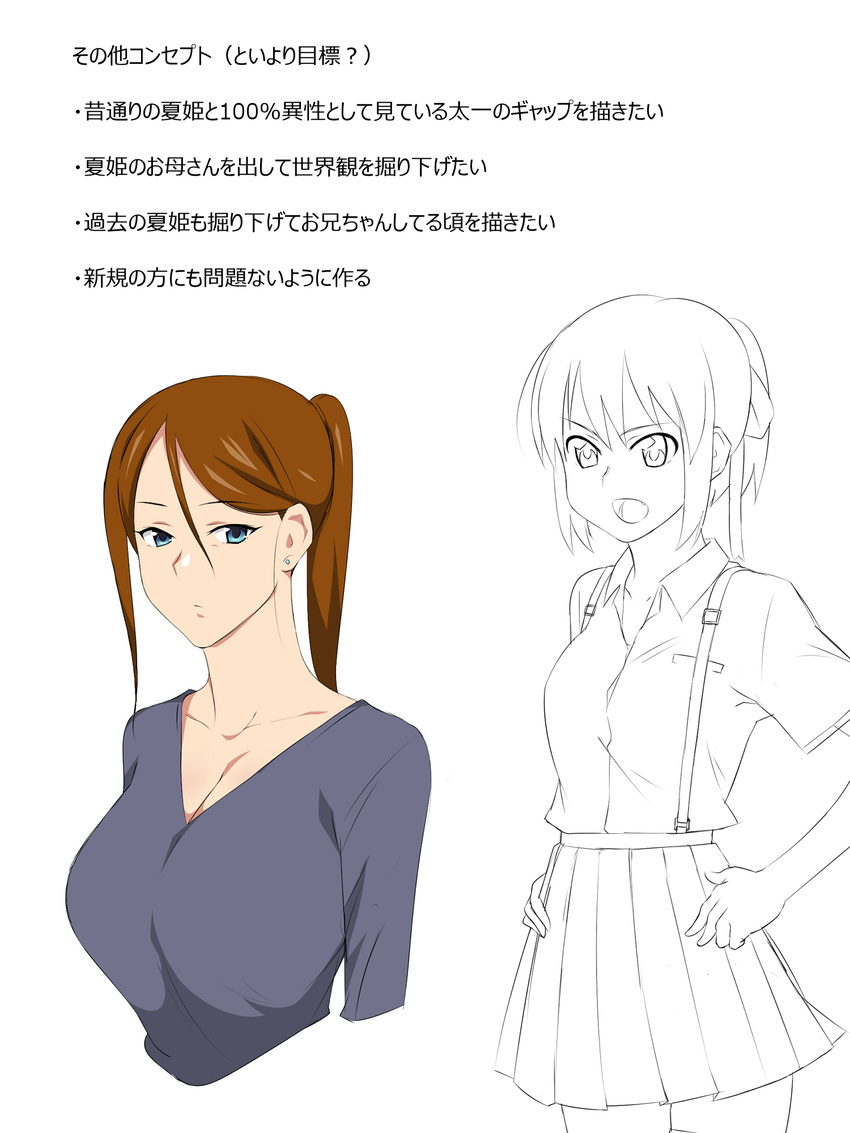 bangs blue_eyes breasts brown_hair cleavage earrings expressionless hands_on_hips highres jewelry kagemusha looking_at_viewer mature multiple_girls original pleated_skirt ponytail school_uniform skirt suspenders swept_bangs translation_request white_background