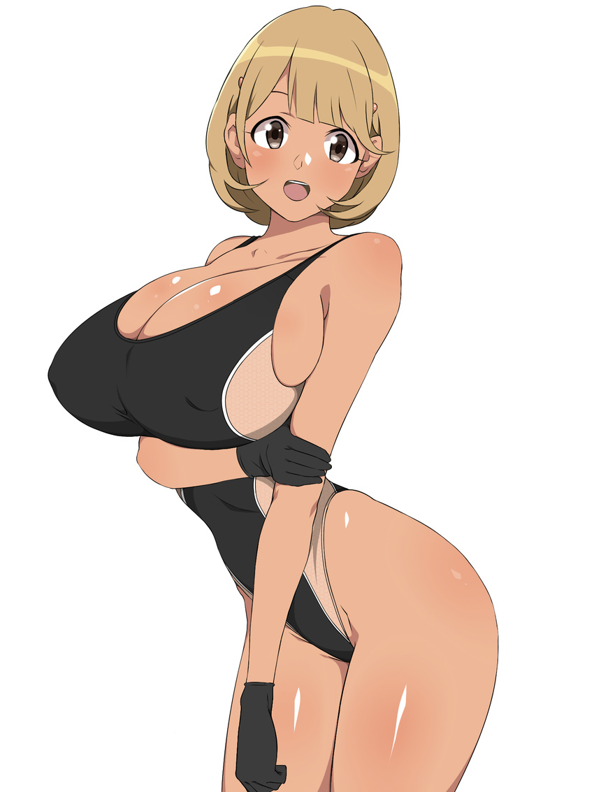 :d black_swimsuit breasts brown_eyes brown_hair cleavage competition_swimsuit covered_nipples elbow_gloves gloves hair_ornament hairclip highleg highleg_swimsuit highres kagemusha large_breasts narusawa_ryouka occultic;nine one-piece_swimsuit open_mouth short_hair smile solo standing swimsuit tan
