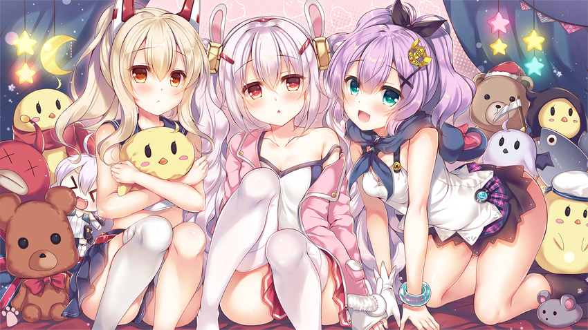 &gt;_&lt; :&lt; :d :o ahoge all_fours animal_ears aqua_eyes ayanami_(azur_lane) azur_lane bangle bangs bare_arms bare_shoulders bed_sheet between_legs black_legwear blonde_hair blue_sailor_collar blue_skirt blush blush_stickers bow bracelet braid breasts bunny_ears camisole character_doll chestnut_mouth cleavage closed_mouth collarbone crescent crown curtains eyebrows_visible_through_hair fake_animal_ears fang feet_out_of_frame girl_sandwich gloves glowing hair_ornament hairband hairclip halftone halftone_background hat head_tilt highres hood jacket javelin_(azur_lane) jewelry kneehighs laffey_(azur_lane) long_hair long_sleeves microskirt miniskirt multiple_girls object_hug off_shoulder open_clothes open_jacket open_mouth orange_eyes paws pink_hair pink_jacket plaid plaid_skirt pleated_skirt ponytail red_bow red_eyes red_hairband red_skirt sailor_collar sandwiched school_uniform scythe serafuku shiny shiny_hair shirt sidelocks single_braid single_glove single_thighhigh sitting skirt sleeveless sleeveless_shirt sleeves_past_wrists small_breasts smile star strap_slip string_of_flags stuffed_animal stuffed_chicken stuffed_mouse stuffed_shark stuffed_toy suzune_rena tareme teddy_bear thighhighs twintails universal_bullin_(azur_lane) white_gloves white_hat white_legwear white_shirt x_hair_ornament x_x zettai_ryouiki
