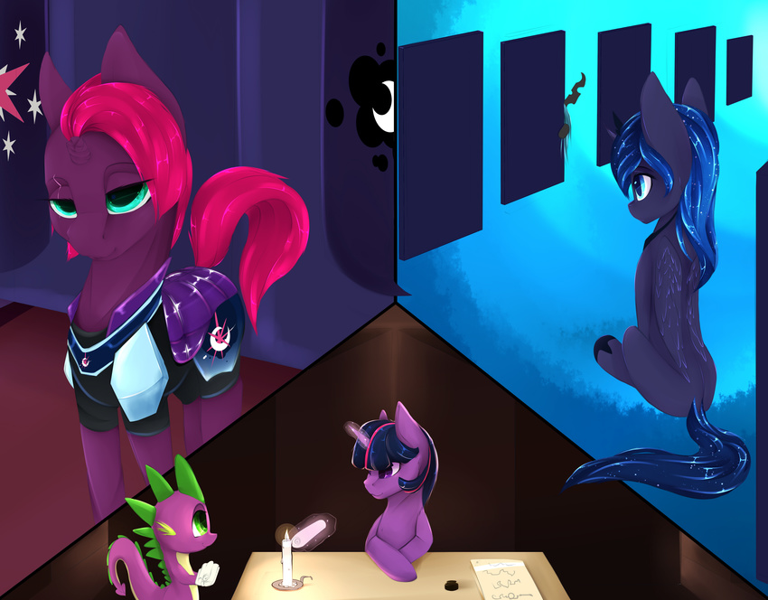 2018 absurd_res being_watched blue_hair broken_horn candle chapaevv digital_media_(artwork) equine eye_contact female feral fizzlepop_berrytwist_(mlp) friendship_is_magic green_eyes hair hi_res hiding horn mammal my_little_pony my_little_pony_the_movie princess_luna_(mlp) purple_eyes queen_chrysalis_(mlp) scalie smile spike_(mlp) tempest_shadow_(mlp) twilight_sparkle_(mlp) unicorn winged_unicorn wings